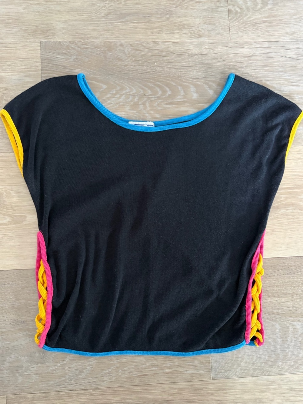 Vintage Skiva Black Contrast Trim Lace Up Top Size M